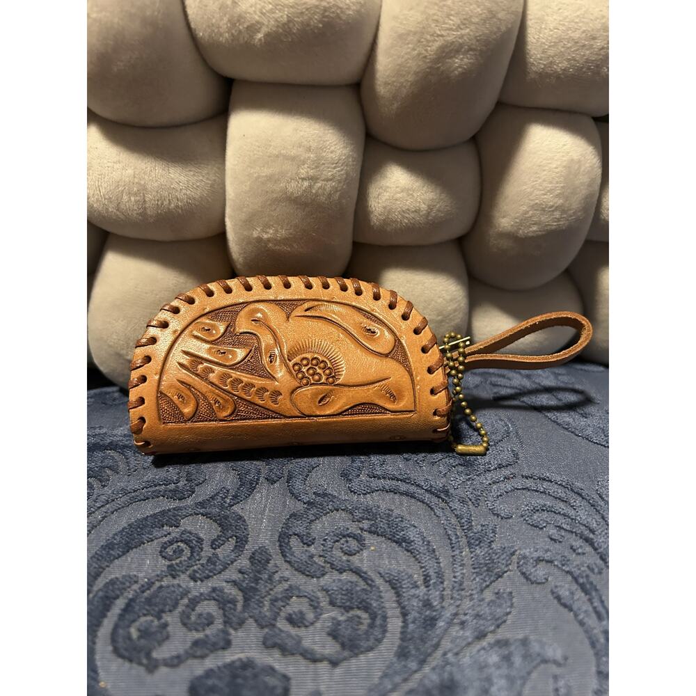Handcrafted Tan Leather Lipstick Coin Purse with Bird Design